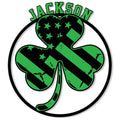Irish shamrock metal sign with bold green and black stripes, stars, and a circular outline
