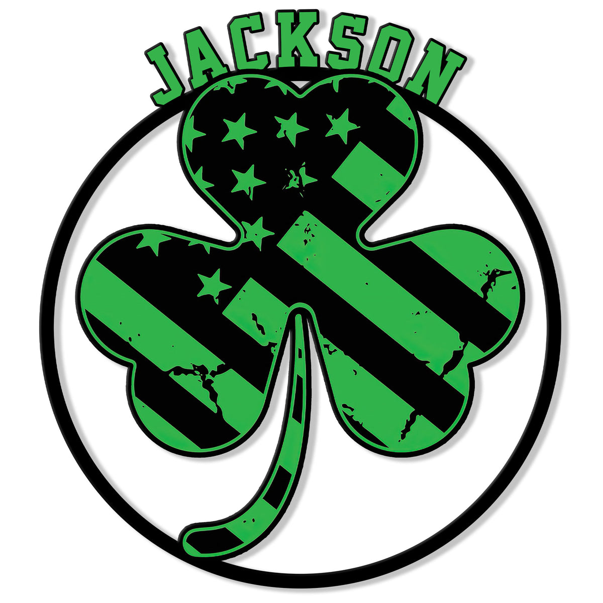 Irish shamrock metal sign with bold green and black stripes, stars, and a circular outline