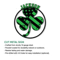 Irish shamrock cut metal sign featuring a distressed green-and-black patriotic design