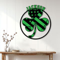 Irish shamrock wall decor displayed on a white paneled wall above a console table
