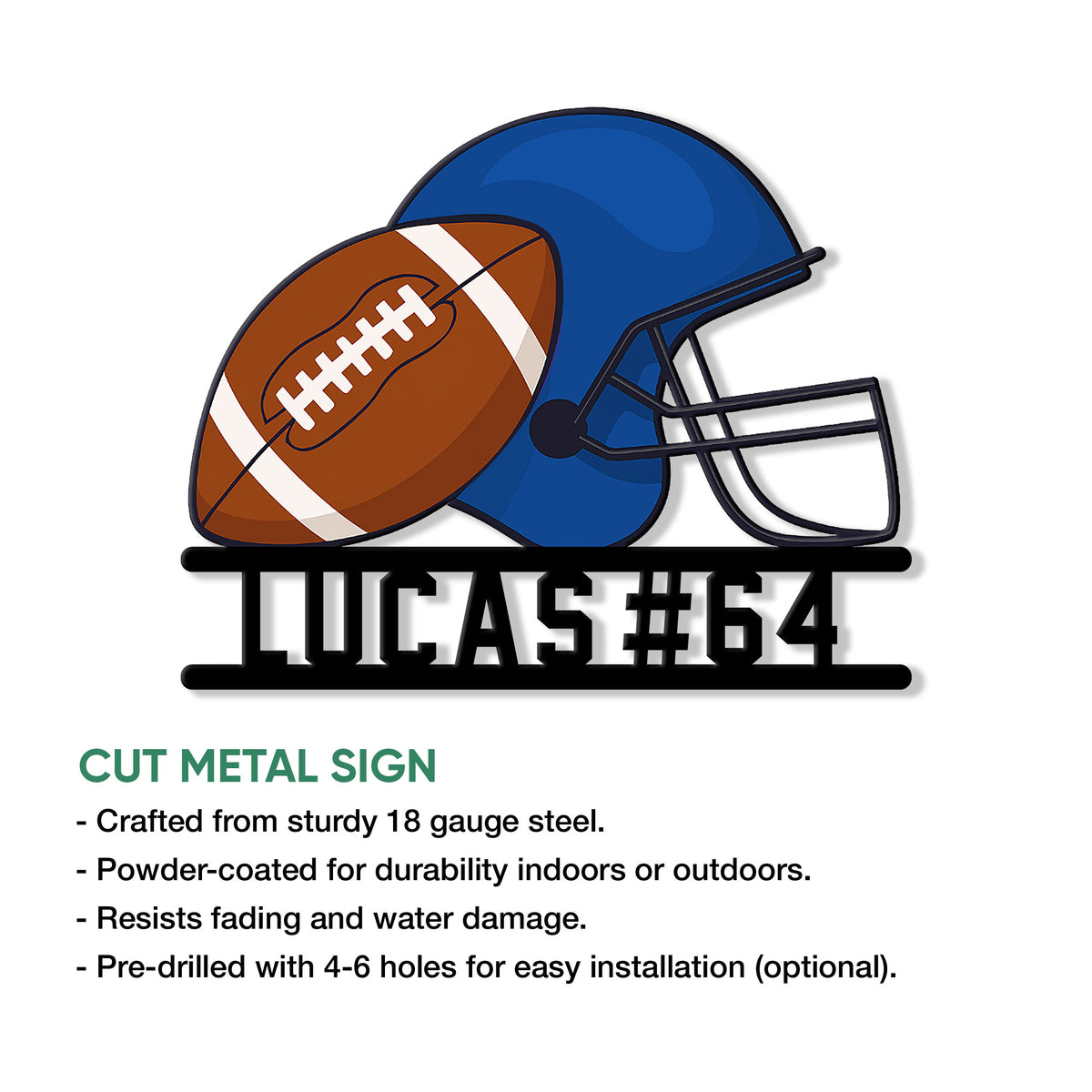Football helmet and ball cut metal sign featuring bold sports-inspired wall decor