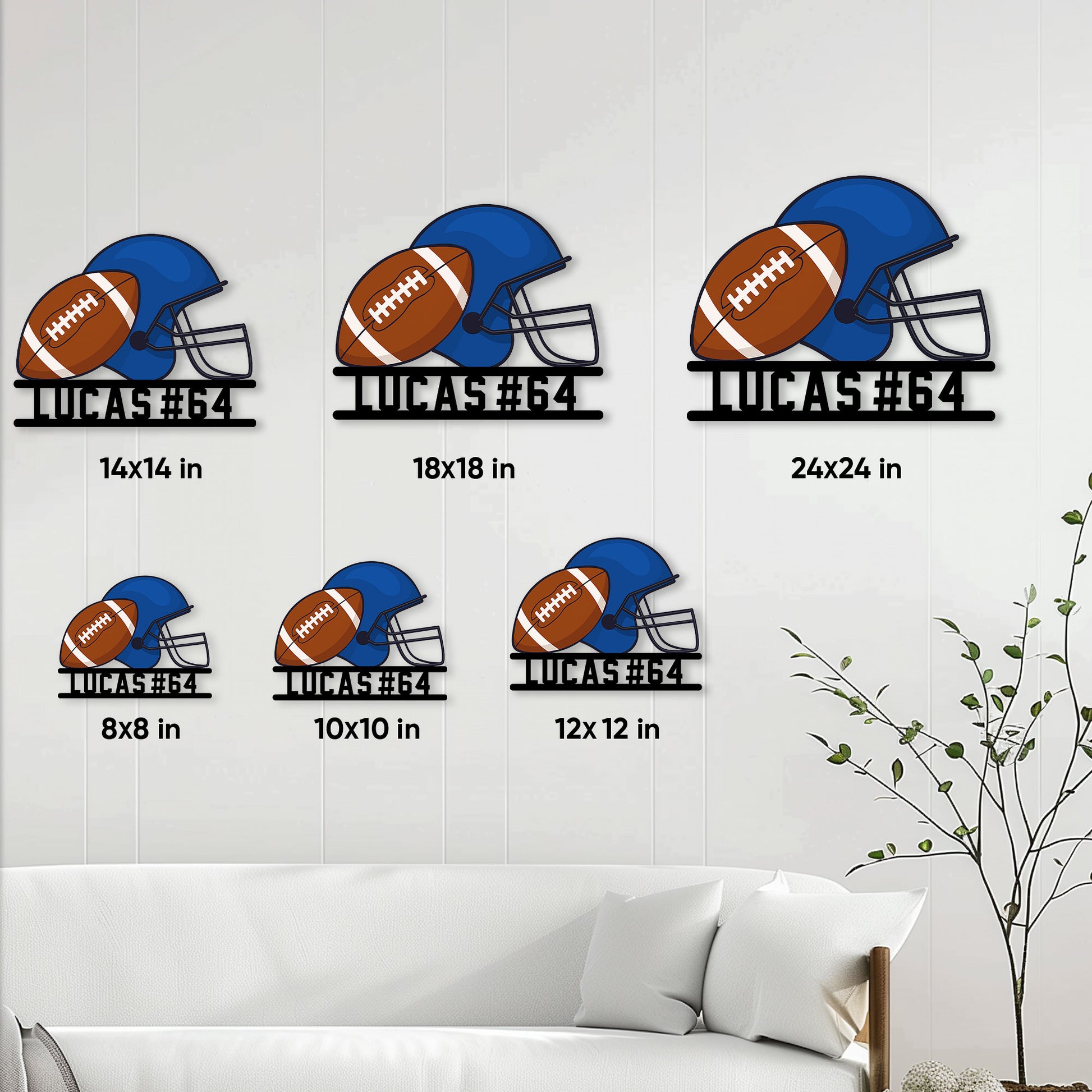 Football metal sign size guide showing several square size options in a room setting