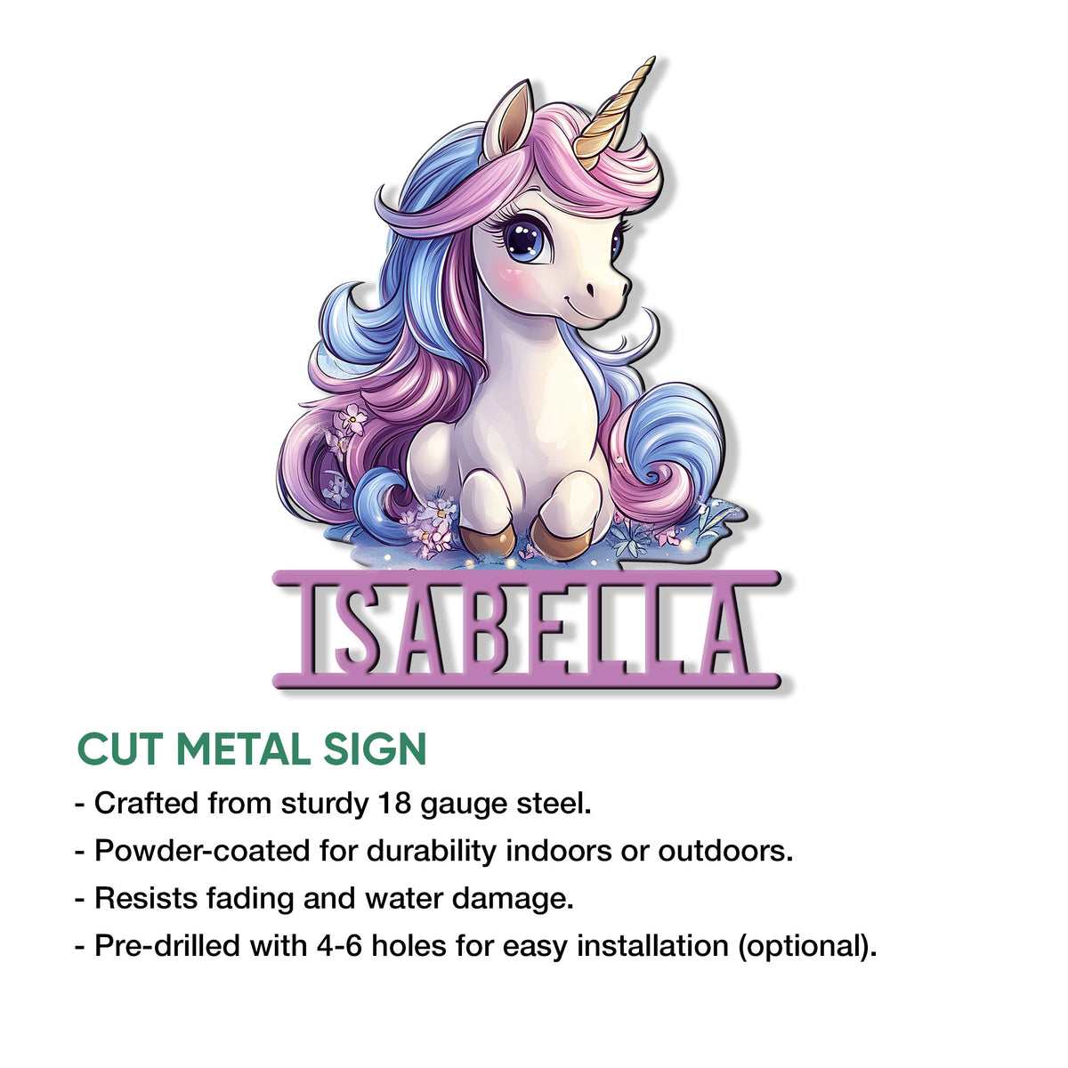 Unicorn metal sign feature graphic showing the colorful fantasy artwork and product presentation
