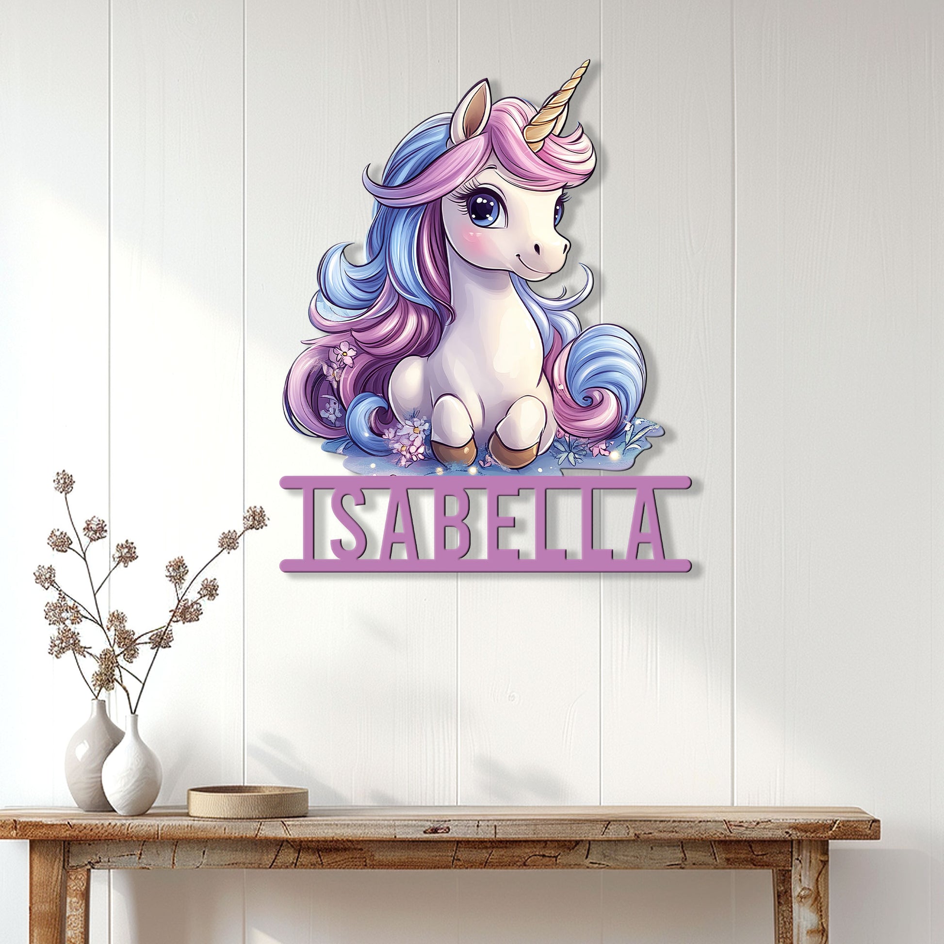 Colorful unicorn metal sign displayed on a light paneled wall above a console table