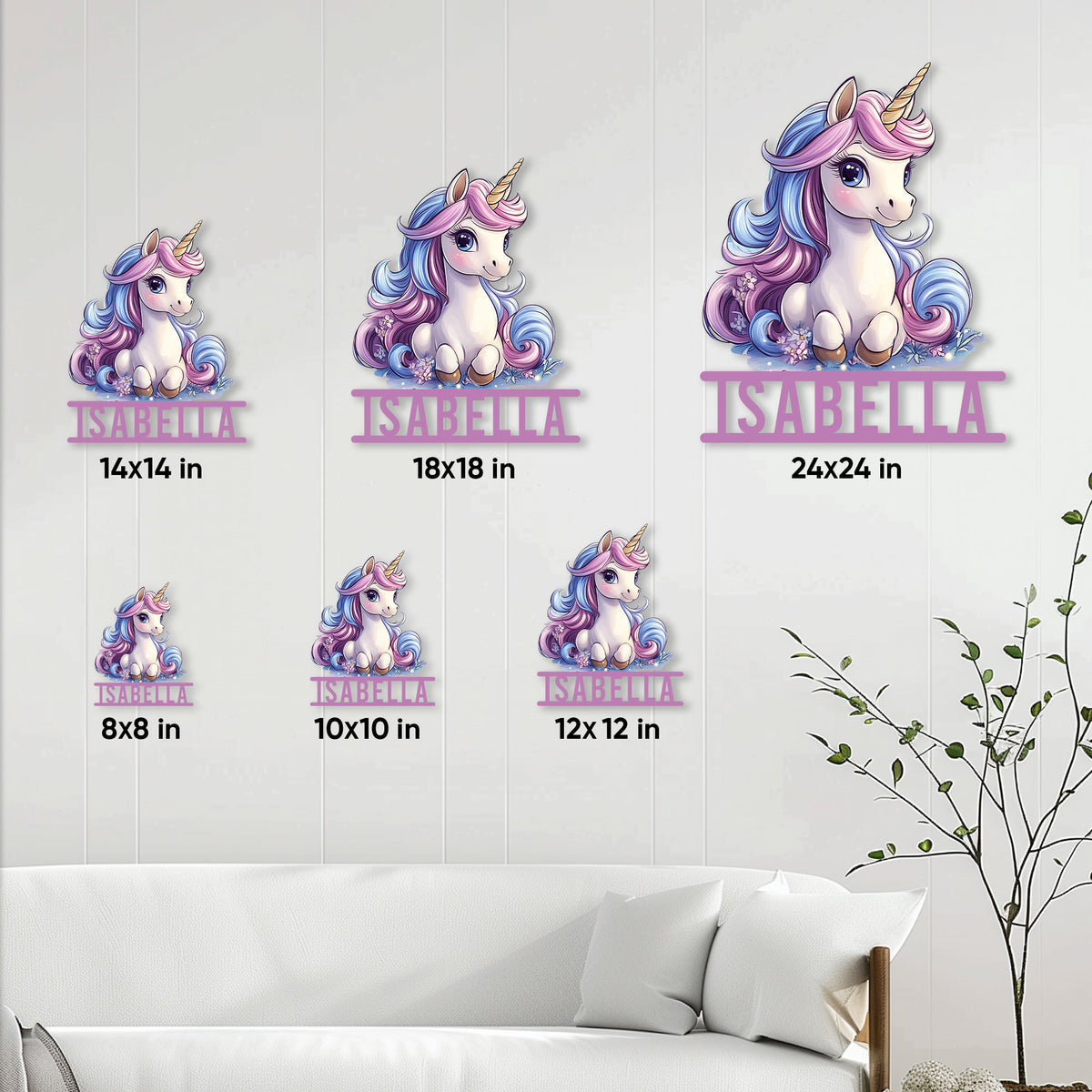 Unicorn metal sign size guide showing available square sizes from 8 by 8 to 24 by 24 inches