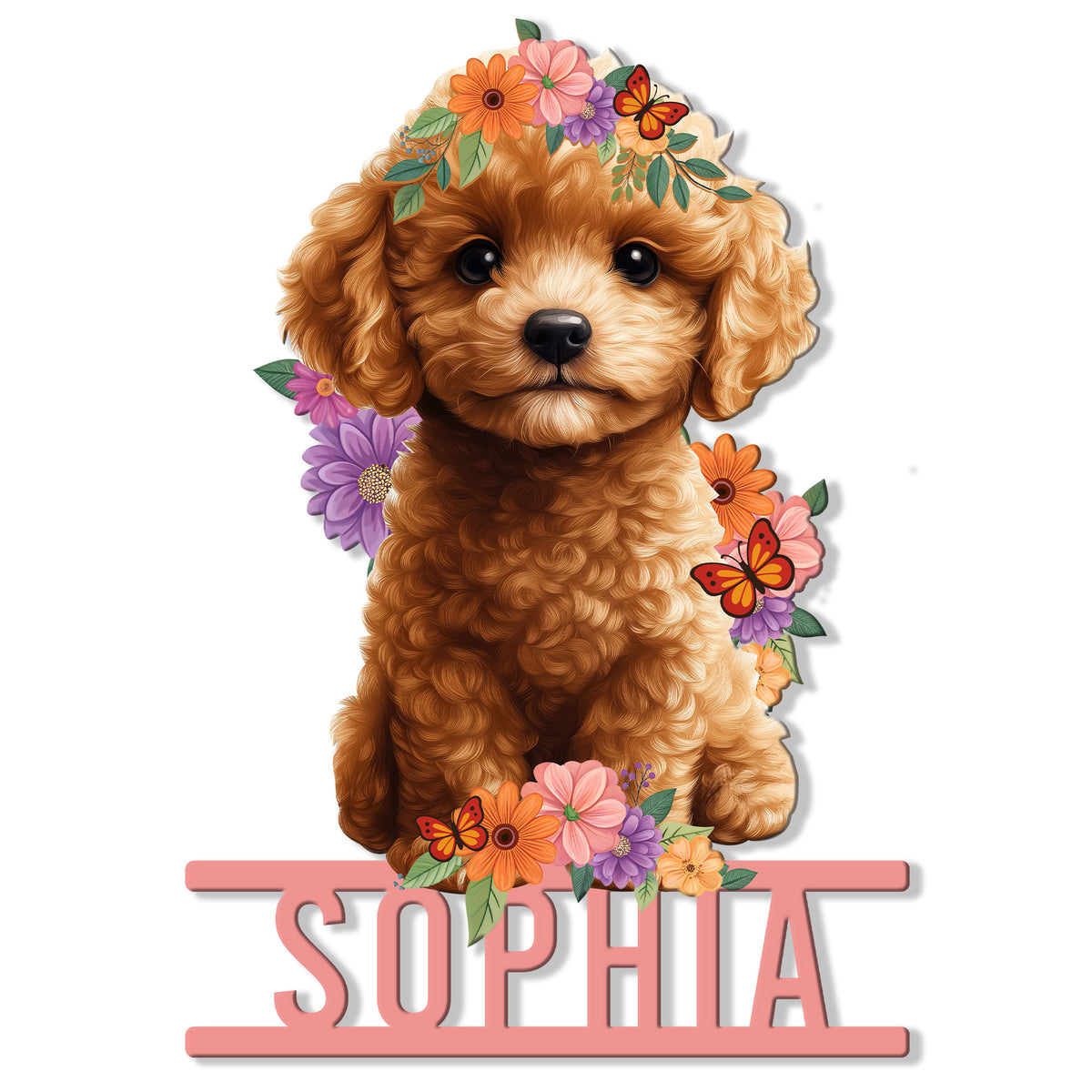 Floral poodle puppy metal sign with colorful flowers and butterflies