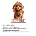 Poodle puppy cut metal sign shown in a product features infographic