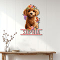 Floral poodle puppy metal sign displayed on a bright wood-paneled wall