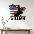 Patriotic cowboy metal wall sign displayed on a white paneled wall above a rustic console