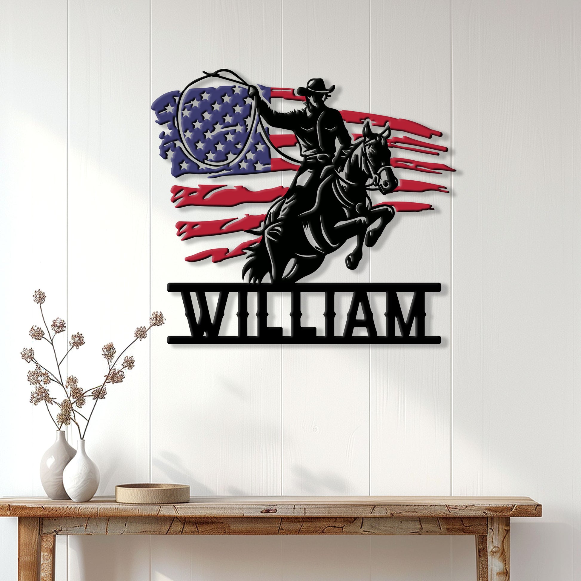 Patriotic cowboy metal wall sign displayed on a white paneled wall above a rustic console