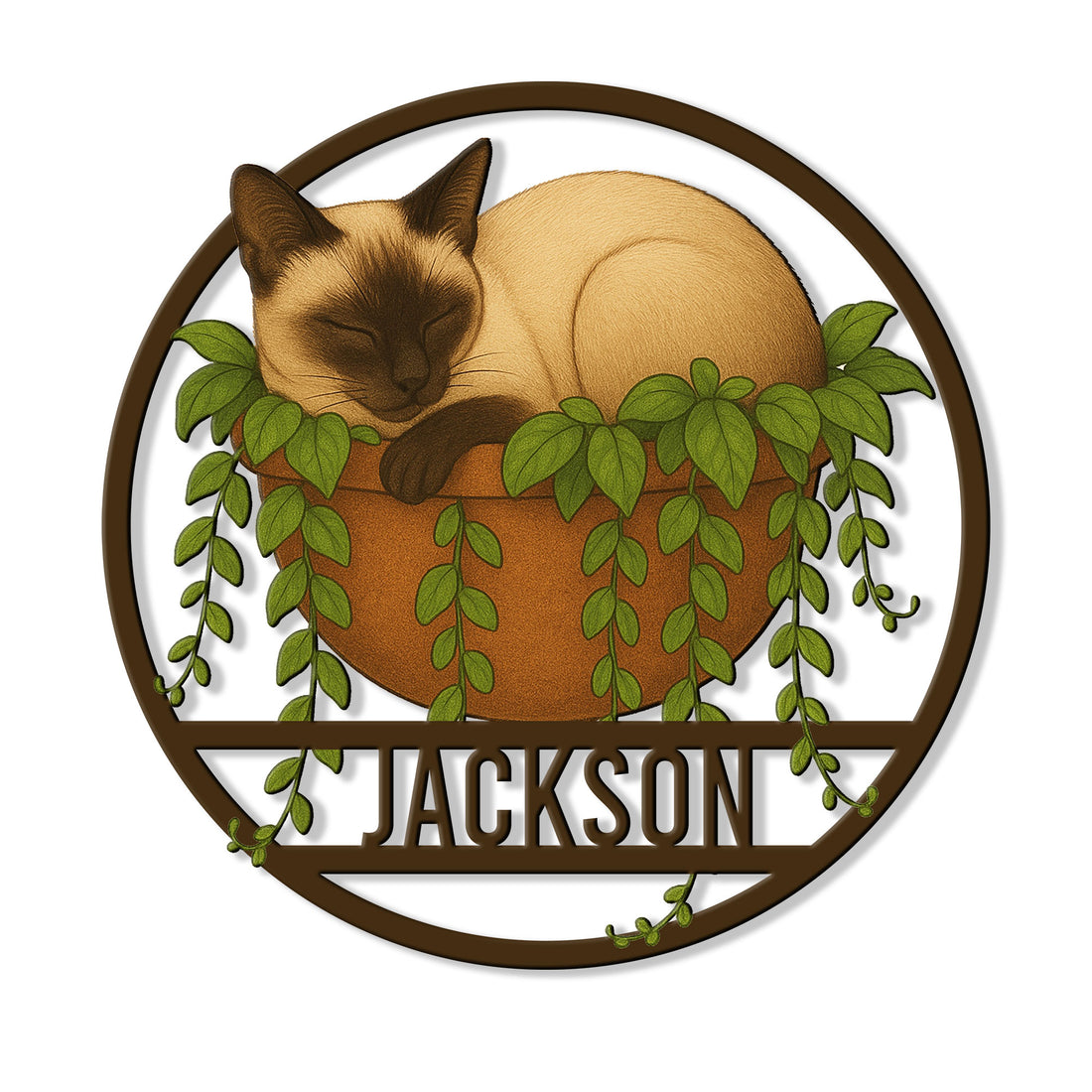 Custom Siamese cat metal sign featuring a sleeping cat nestled in a potted plant with trailing green vines
