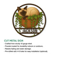 Siamese cat cut metal sign feature graphic showing the circular plant-themed design and outdoor decor use