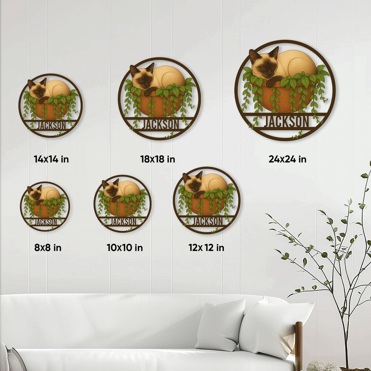 Siamese cat metal sign size guide showing multiple circular sign options from 8 by 8 to 24 by 24 inches