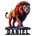 Colorful stained-glass style lion metal sign with a bold mane and dimensional silhouette