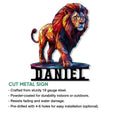 Colorful lion metal sign shown with cut-metal construction and indoor or outdoor display details