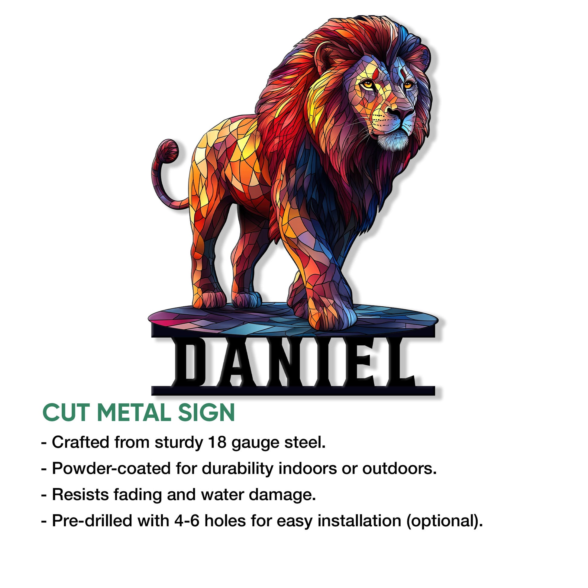Colorful lion metal sign shown with cut-metal construction and indoor or outdoor display details