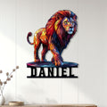 Colorful lion wall sign displayed on a light paneled wall above a console table