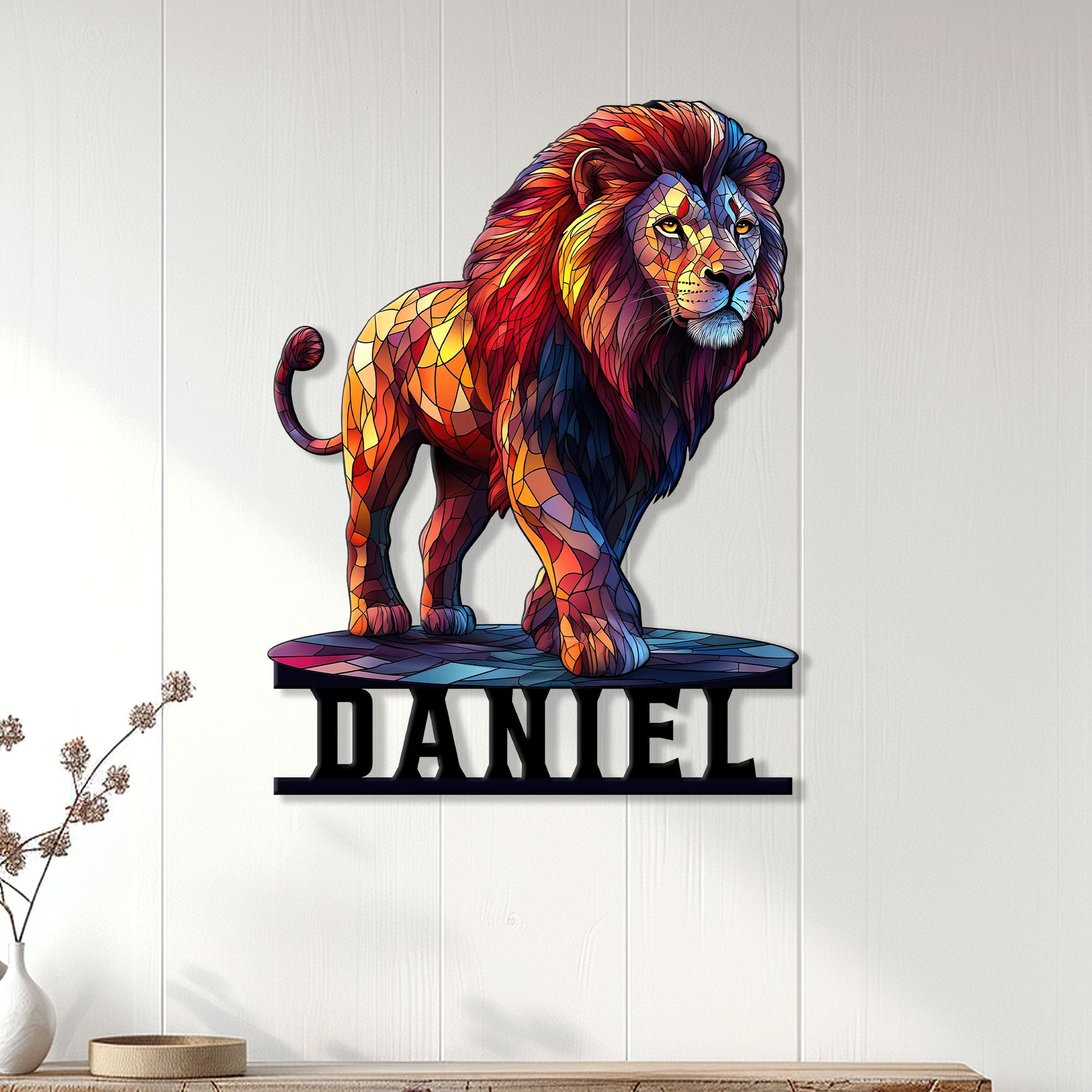 Colorful lion wall sign displayed on a light paneled wall above a console table