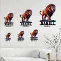 Lion metal sign size guide showing multiple available dimensions in a living room setting