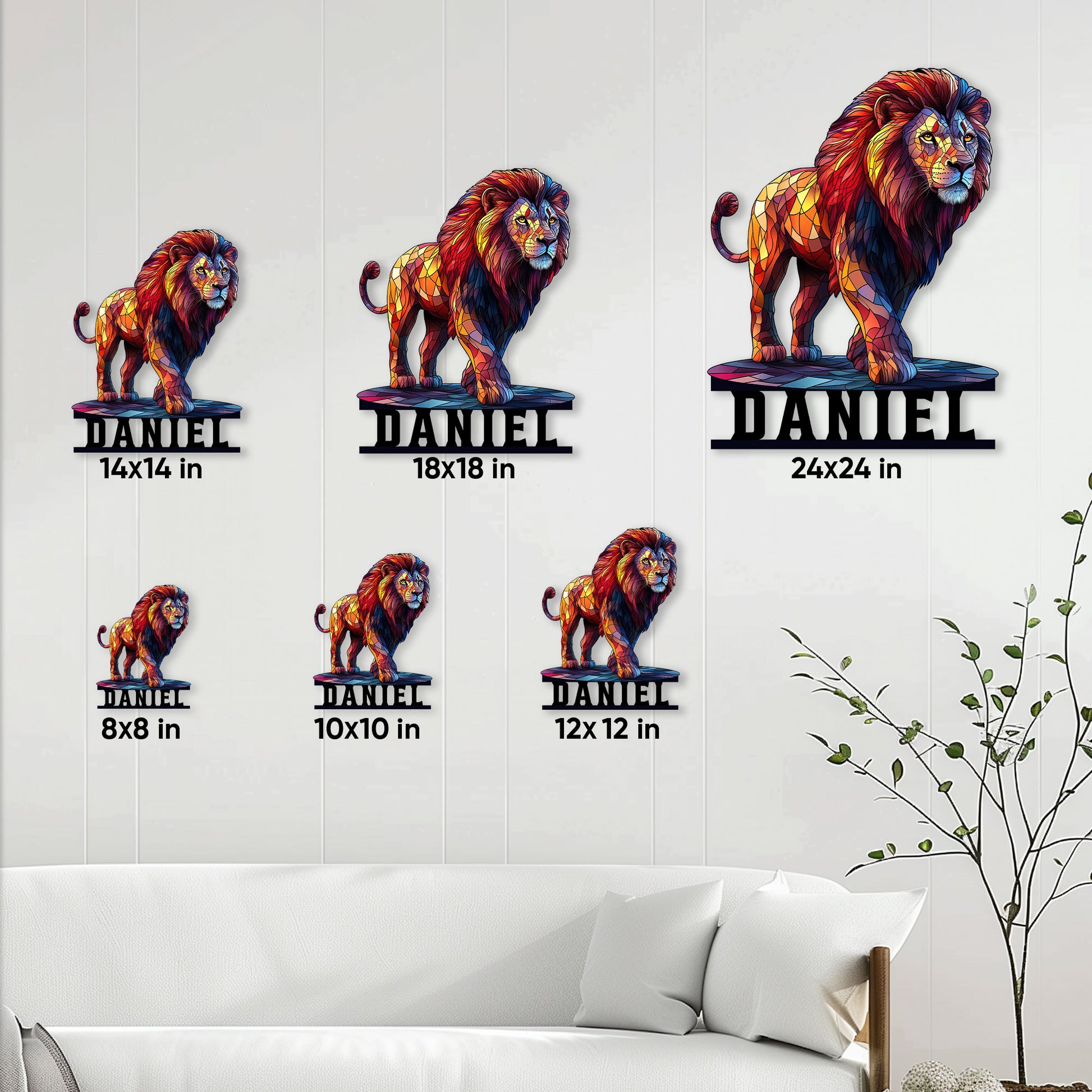 Lion metal sign size guide showing multiple available dimensions in a living room setting
