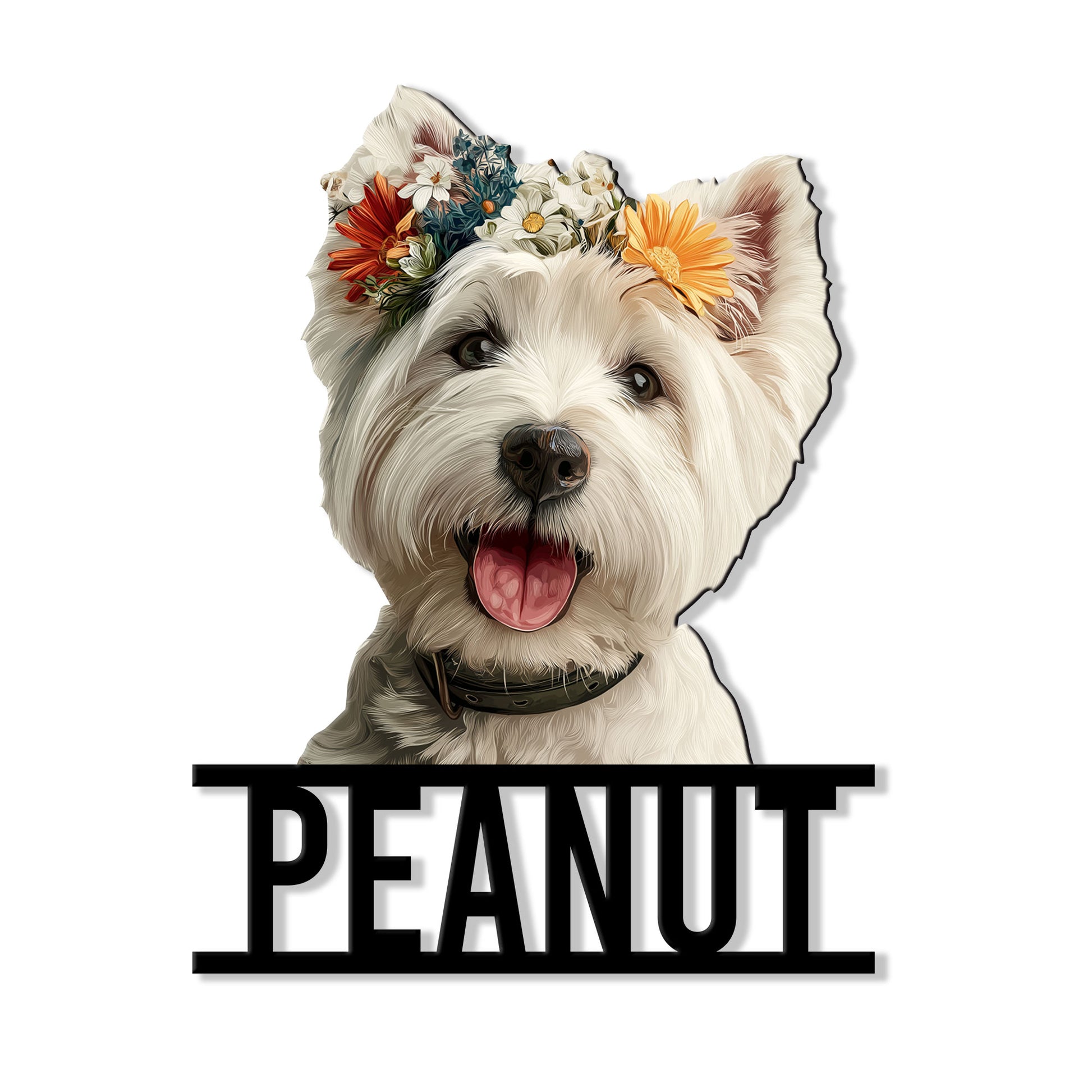 Floral Westie dog portrait metal sign with a cheerful expression and bold lower nameplate design