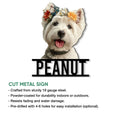 Close-up West Highland White Terrier metal sign featuring a flower crown and cut metal construction