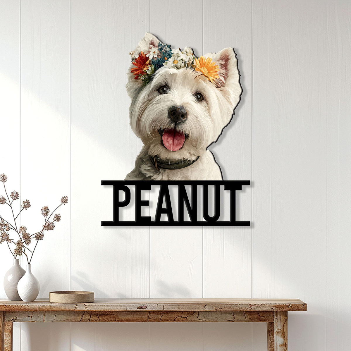 Floral Westie wall sign displayed on a white paneled wall above a rustic console table