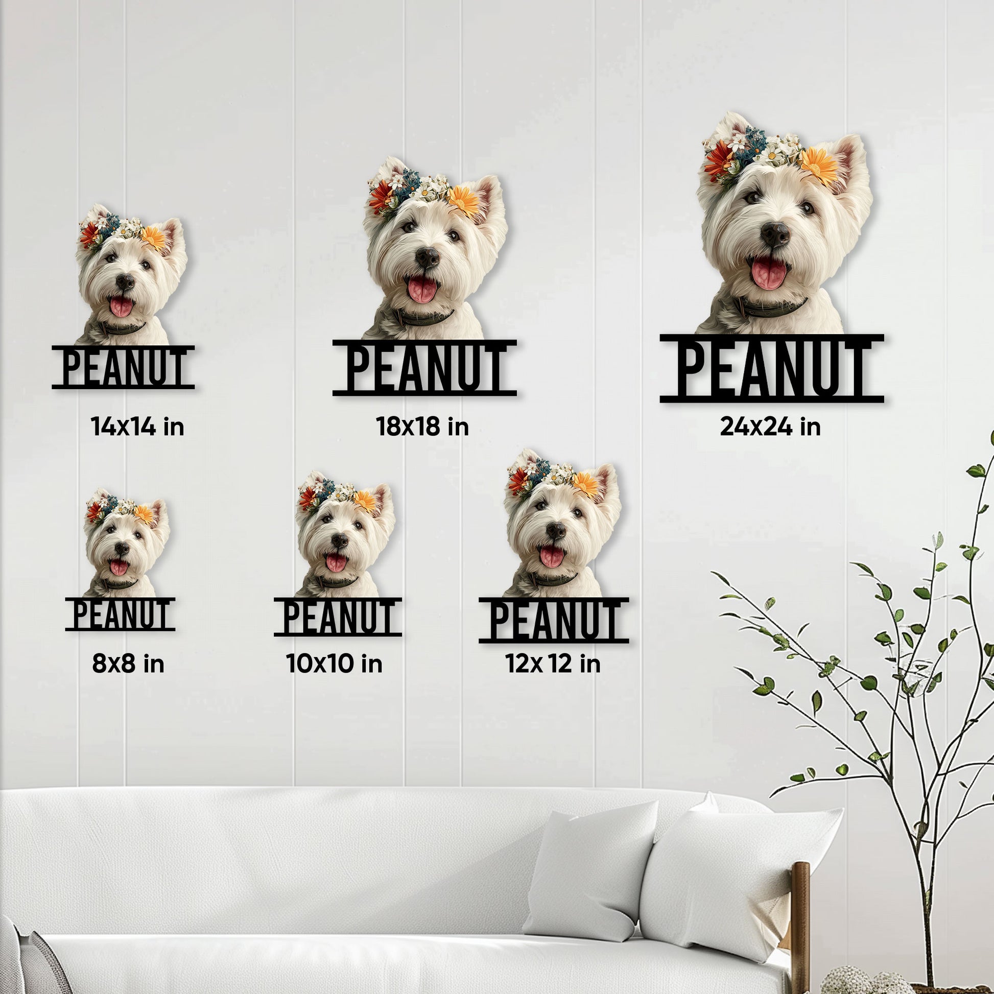 Westie metal sign size guide showing six available square dimensions from 8 by 8 to 24 by 24 inches