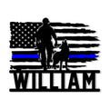 Police K9 metal sign featuring an officer and service dog silhouette over a thin blue line American flag