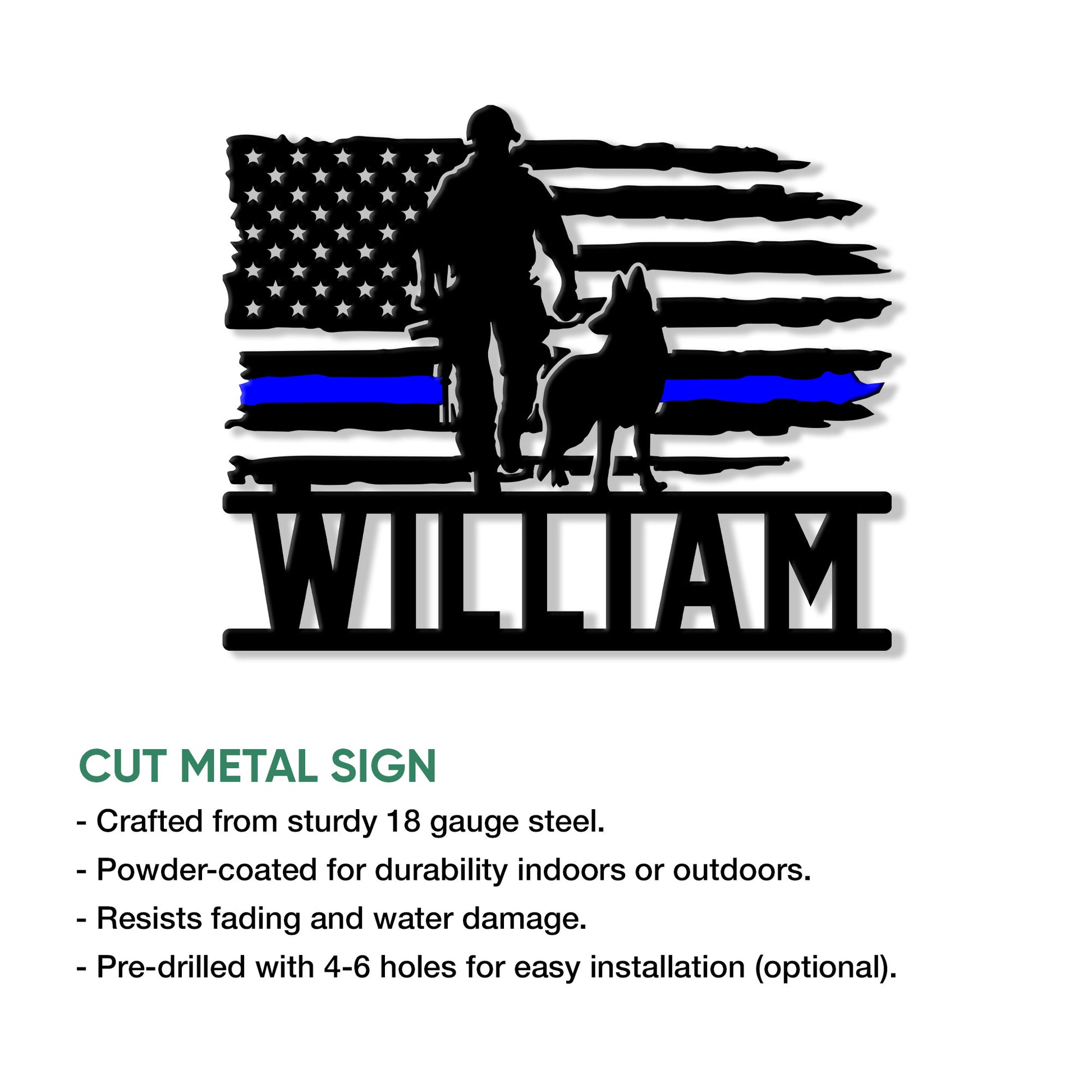 Police K9 cut-metal sign shown with a thin blue line flag design and product feature details