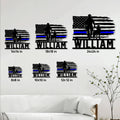 Police K9 metal sign shown in multiple size options as wall decor above a living room sofa