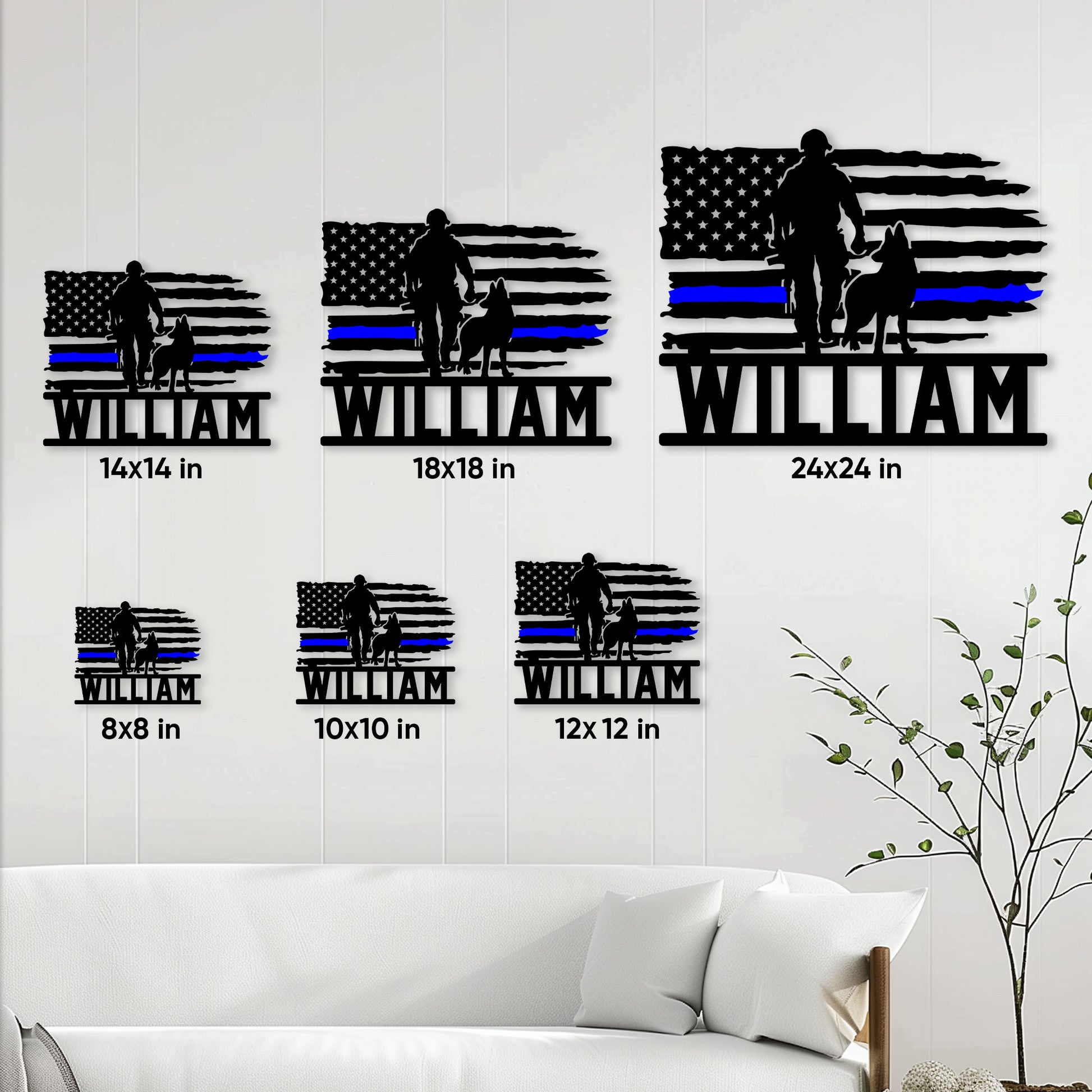 Police K9 metal sign shown in multiple size options as wall decor above a living room sofa