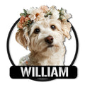 Floral Schnoodle portrait metal sign with a shaggy cream dog framed by a black circle