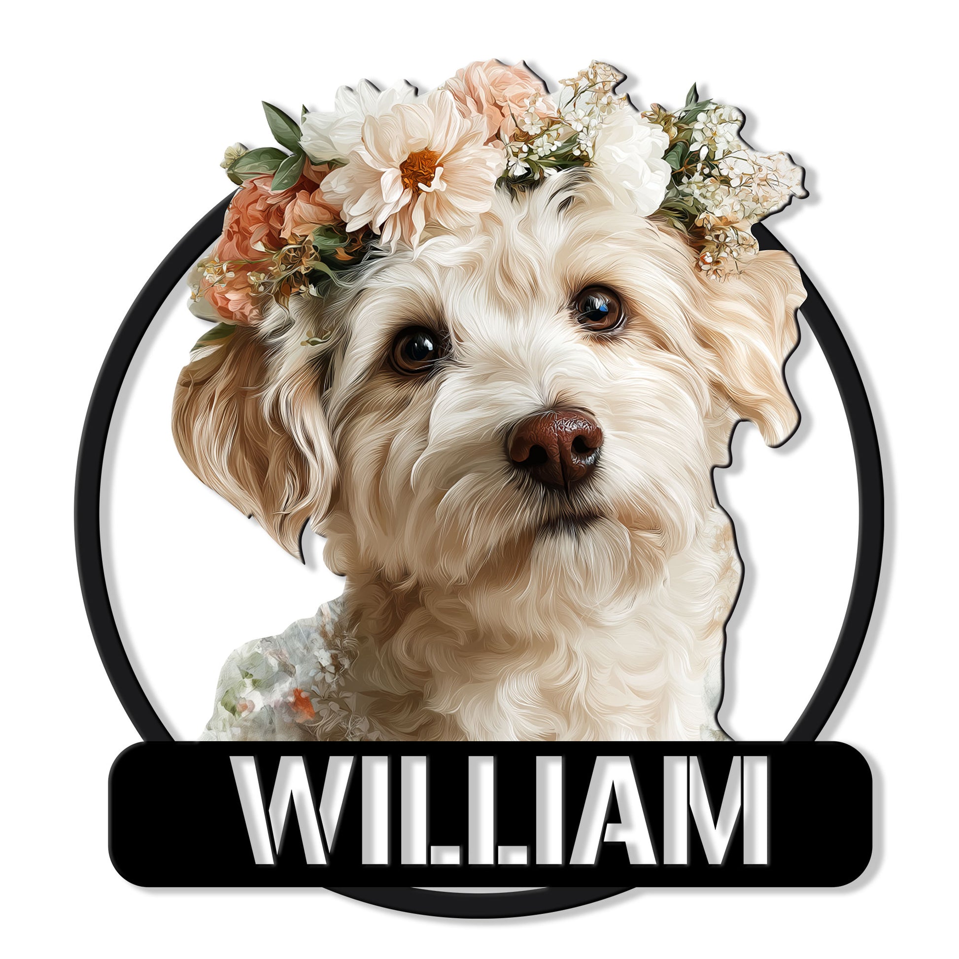 Floral Schnoodle portrait metal sign with a shaggy cream dog framed by a black circle