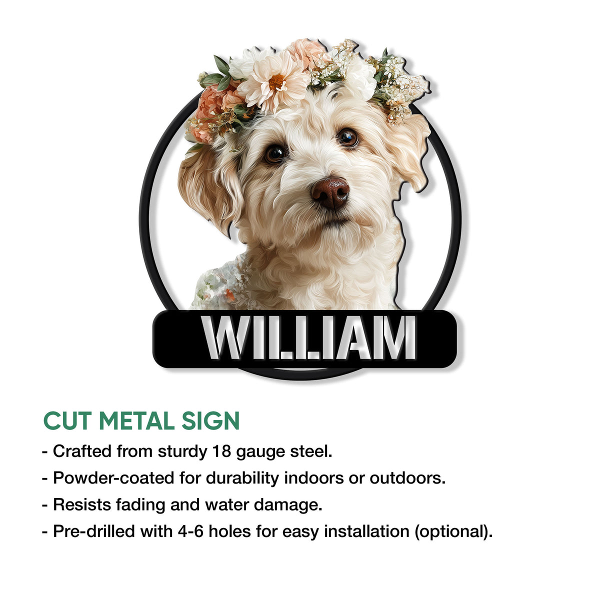 Schnoodle metal sign featuring a flower-crowned dog portrait and cut steel design details