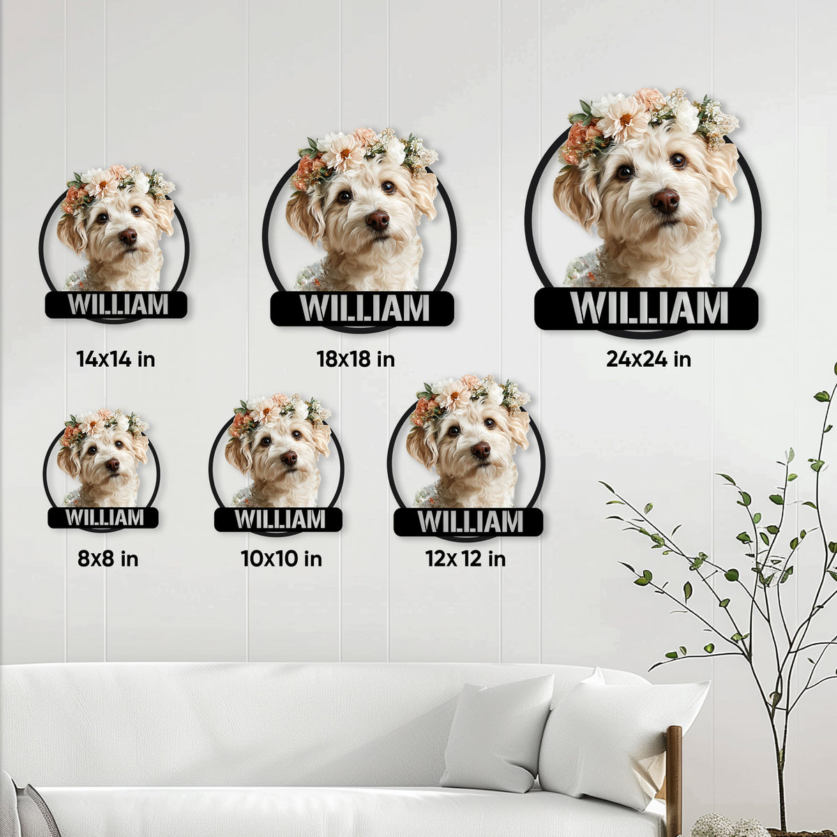 Schnoodle metal sign size guide showing available square dimensions from 8 by 8 to 24 by 24 inches