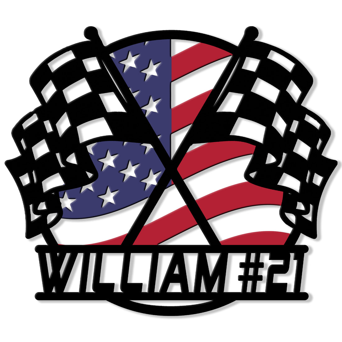 Patriotic racing metal sign featuring crossed checkered flags and an American flag-inspired design
