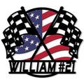 Patriotic racing metal sign featuring crossed checkered flags and an American flag-inspired design