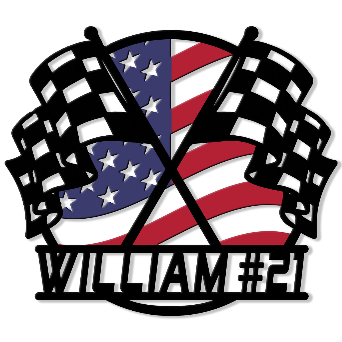 Patriotic racing metal sign featuring crossed checkered flags and an American flag-inspired design
