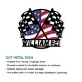 Cut metal racing sign with crossed checkered flags and bold red, white, and blue artwork