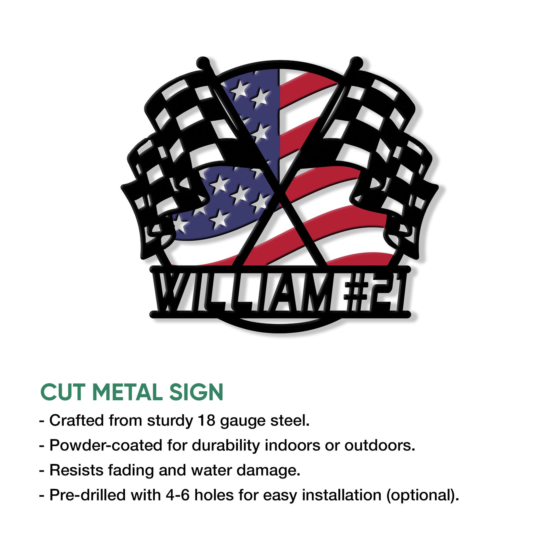 Cut metal racing sign with crossed checkered flags and bold red, white, and blue artwork