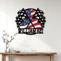 Patriotic racing wall sign displayed on white paneling above a wood console table