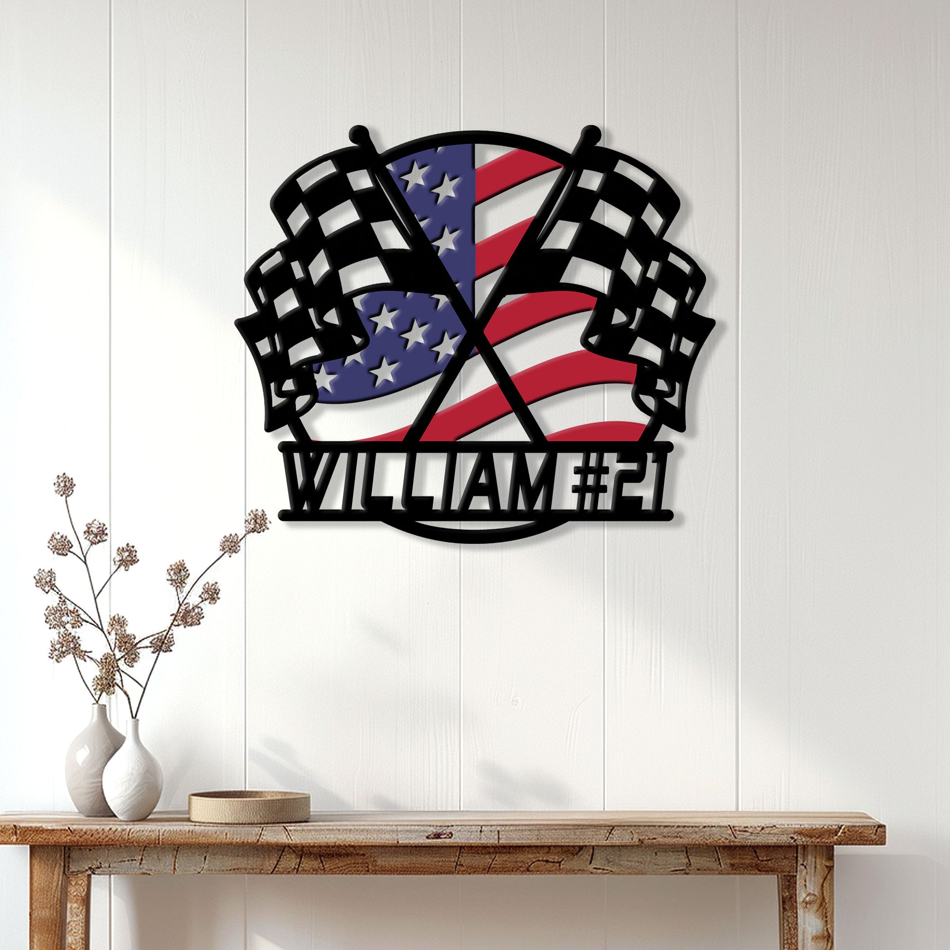 Patriotic racing wall sign displayed on white paneling above a wood console table
