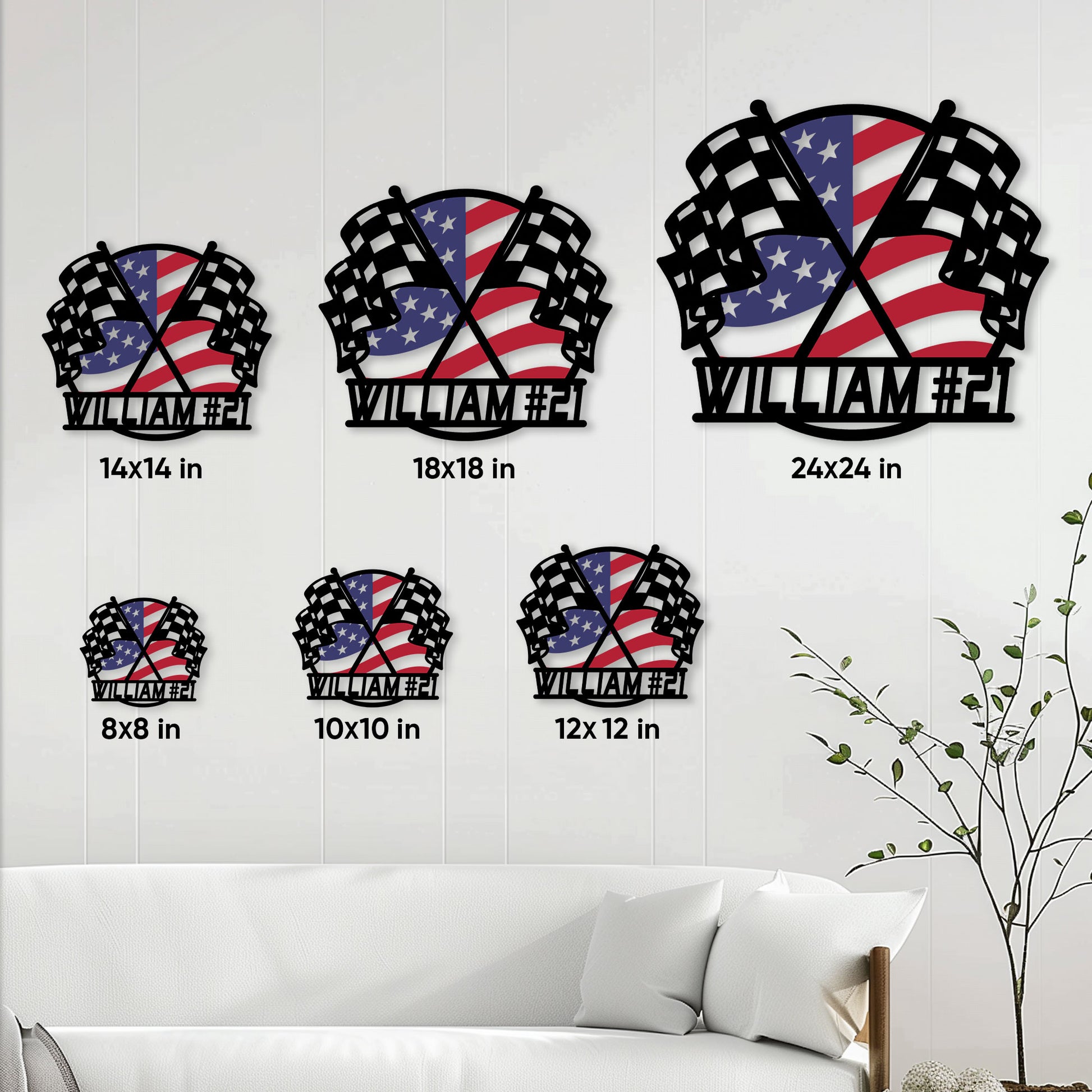 Racing metal sign size guide showing multiple square size options displayed on a living room wall