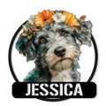 Floral Schnoodle metal sign featuring a detailed curly-haired dog portrait in a black circular frame