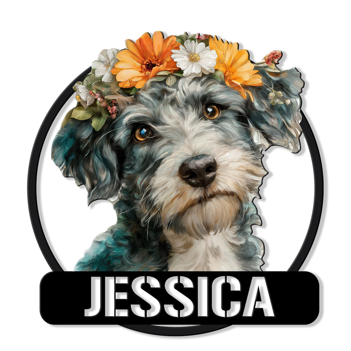 Floral Schnoodle metal sign featuring a detailed curly-haired dog portrait in a black circular frame