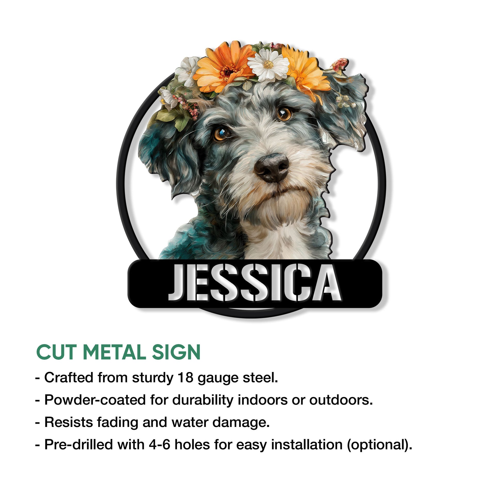 Schnoodle cut metal sign shown with a floral dog portrait and product feature information