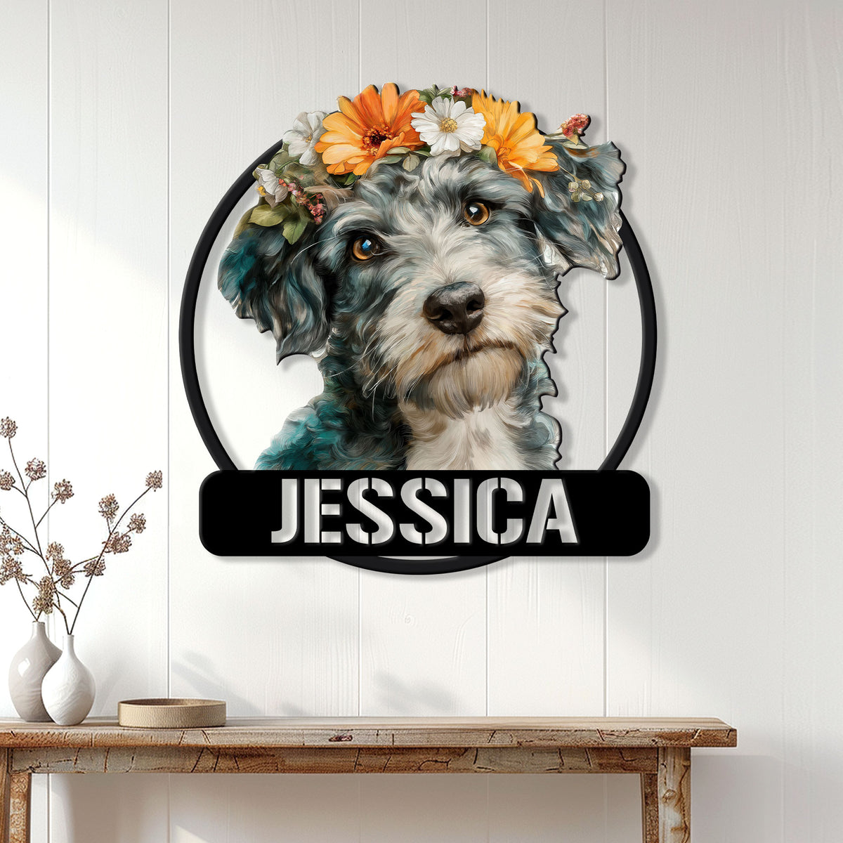 Floral Schnoodle wall sign displayed on a light paneled wall above a console table