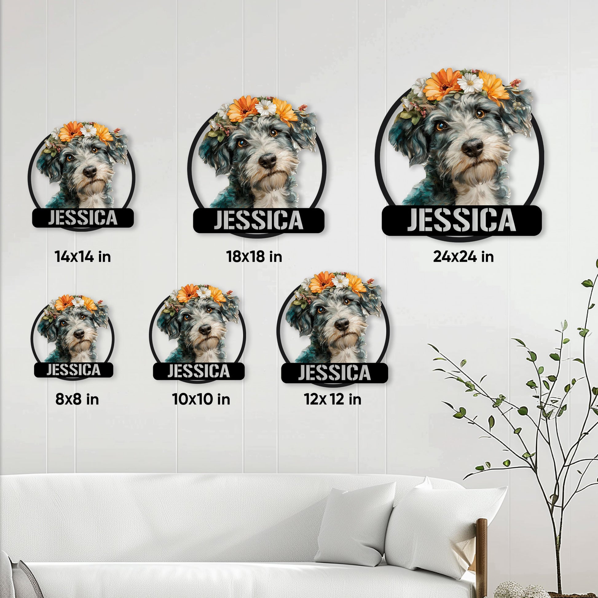 Schnoodle metal sign size guide showing six available square size options in a home setting