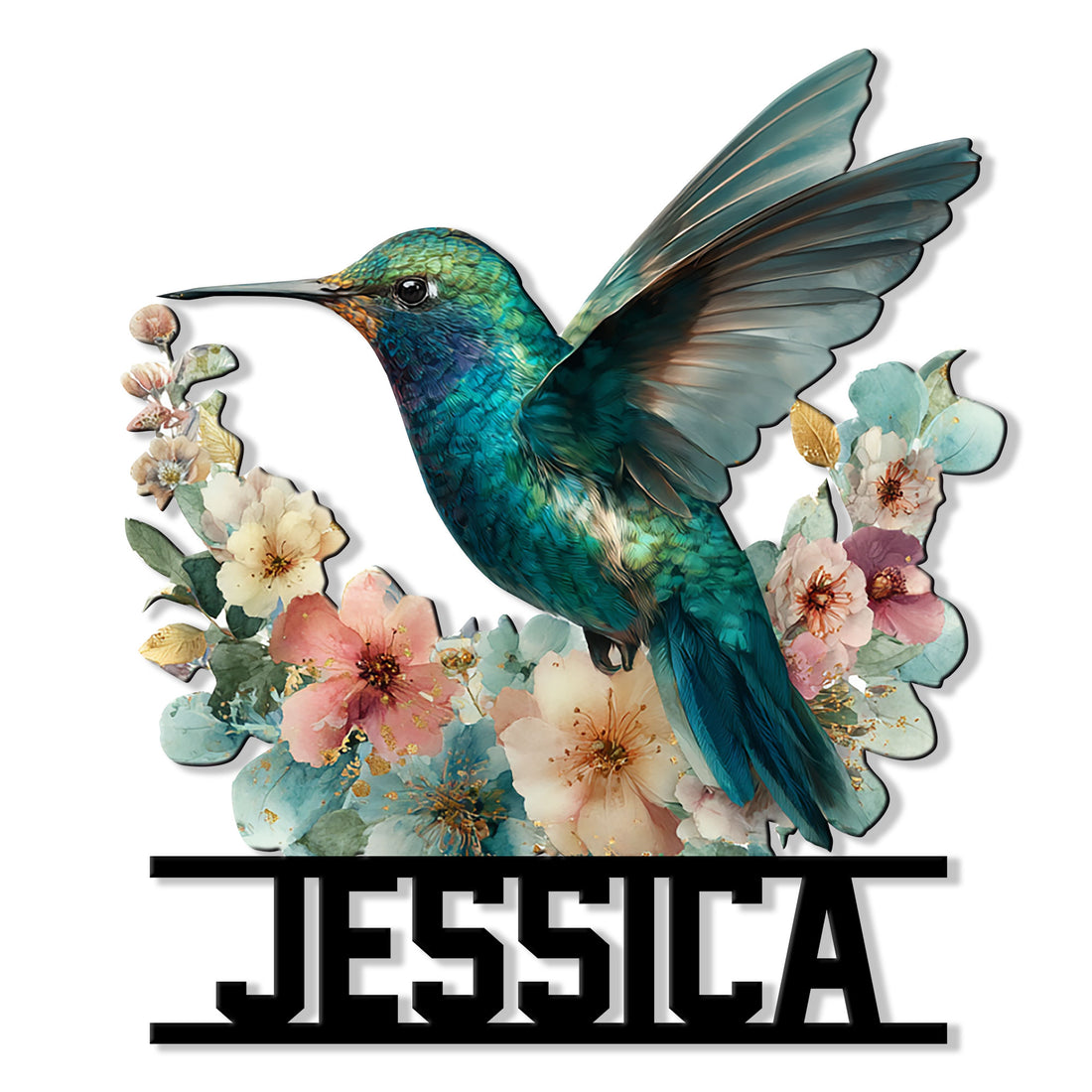 Colorful hummingbird with raised wings surrounded by soft pink, blue, and cream flowers on a metal sign